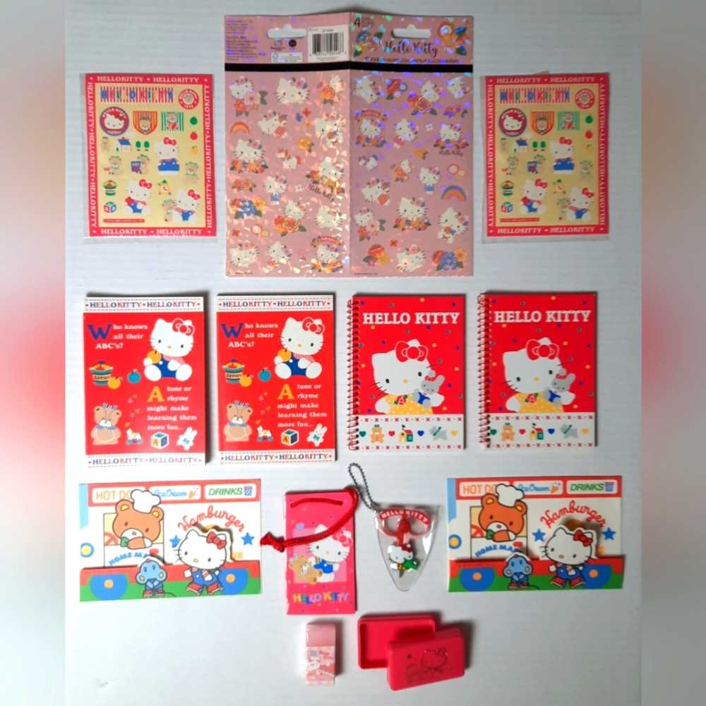 Sanrio Hello Kitty Stickers, Notebook, Erasers.